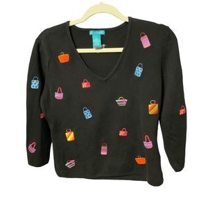 Vintage Alexandra Bartlett Sweater Black Colorful Embroidered Cotton Purse Bags